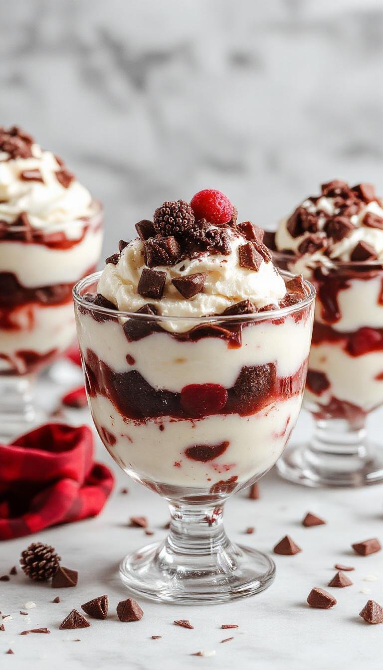 A festive Christmas Black Forest Trifle layered with whipped cream, cherries, chocolate shavings, and sponge cake in a glass bowl
