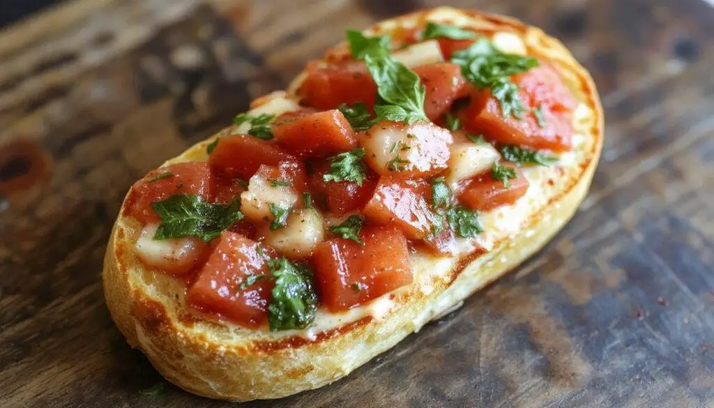 A rustic wooden platter featuring slices of toasted baguette topped with diced ripe red tomatoes, fresh green basil leaves, and a drizzle of olive oil. The bruschetta bread has a golden-brown crispy texture, with vibrant red and green toppings providing a colorful contrast. The presentation is simple yet inviting, highlighting the freshness of the ingredients.