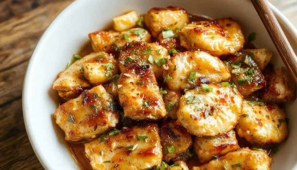 A vibrant plate of chicken stir-fry featuring sliced chicken breast, colorful bell peppers, and snap peas glistening with sauce, artistically arranged on a white dish with sesame seeds sprinkled on top. The ingredients are cooked to perfection, with slightly charred edges and a glossy finish, served alongside a small bowl of steamed rice.