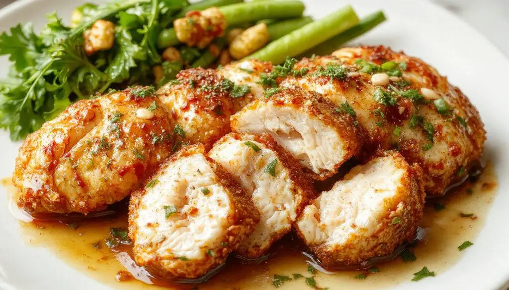 Golden-brown Southern fried chicken pieces arranged on a rustic ceramic plate, garnished with fresh herbs, crispy crust visible, served alongside sliced lemons and pickles, with a blurred farmhouse table background.