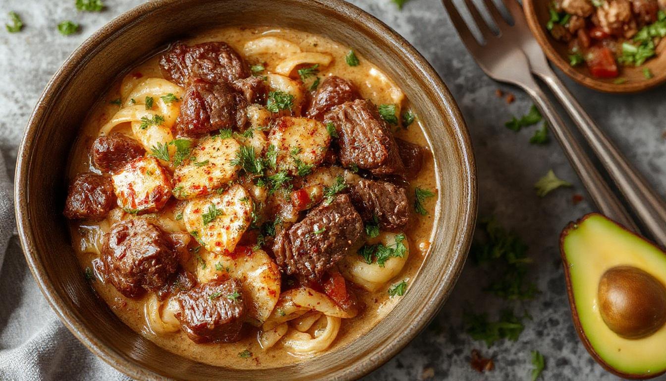 A steaming bowl of creamy beef noodles topped with fresh herbs, showcasing tender beef slices and thick, glossy noodles with a smooth, rich sauce, garnished with a sprinkle of green onions and herbs.