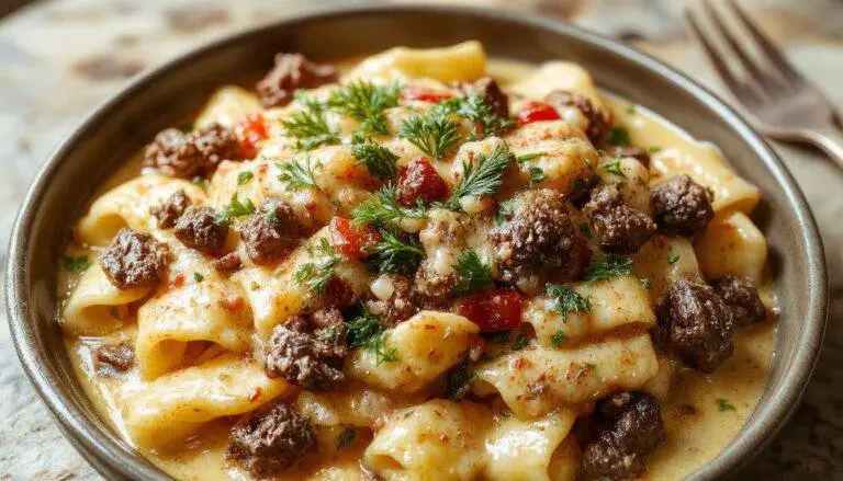 A close-up of a creamy ground beef pasta served in a deep bowl. The pasta is coated in a rich, velvety sauce with visible chunks of seasoned ground beef. Garnished with freshly chopped parsley, the dish displays a warm, inviting appearance with a glossy, creamy texture and bits of herbs adding color contrast.