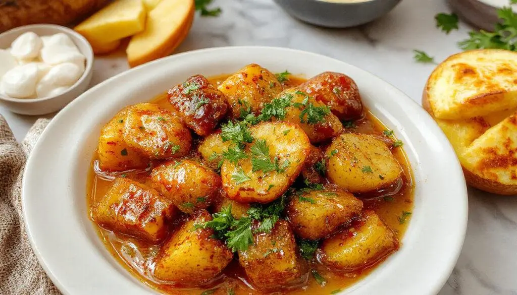 A rustic bowl of Persian potato curry with golden-brown, cubed potatoes submerged in a rich, reddish-brown spiced gravy, garnished with fresh herbs and served alongside a side of saffron-infused rice on a wooden table.