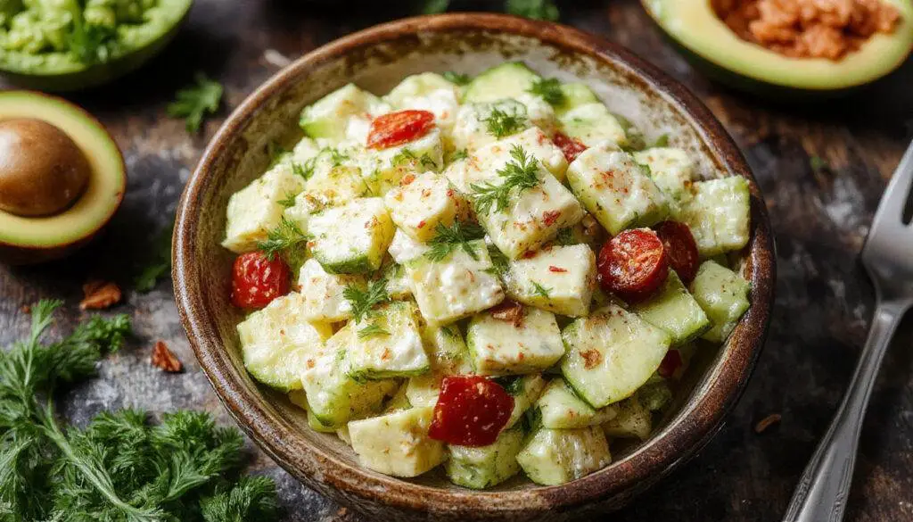 A fresh cucumber and avocado salad served in a white ceramic bowl, showcasing vibrant green cucumber slices and creamy avocado chunks garnished with herbs, with a drizzle of dressing on top. The salad appears crisp and creamy, highlighted by bright natural lighting that accentuates its freshness.