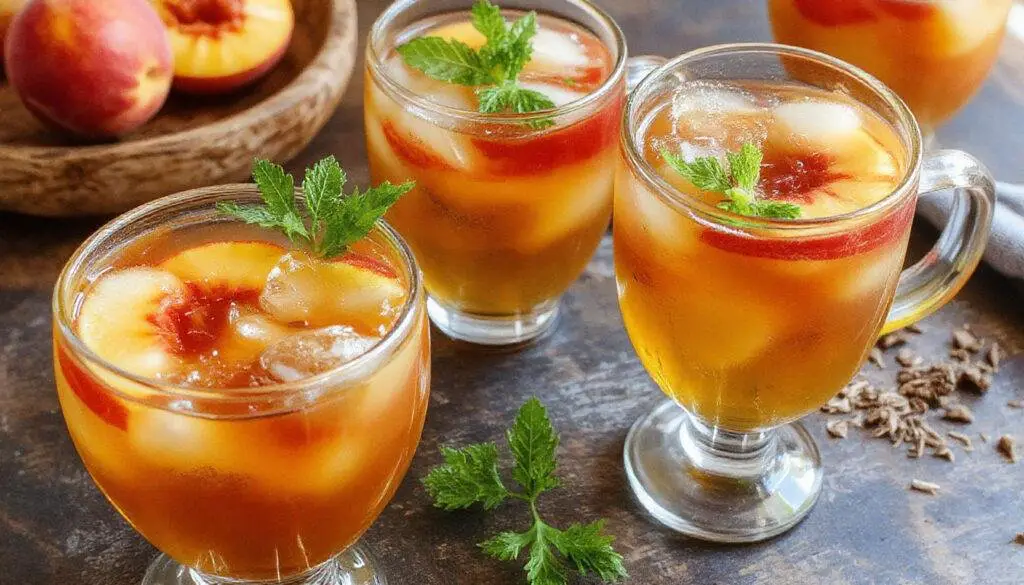 A tall glass of peach tea with a vibrant orange hue, garnished with fresh peach slices and mint leaves, condensation droplets on the glass indicating coldness, set on a rustic wooden table with a sprig of mint and peach slices nearby.