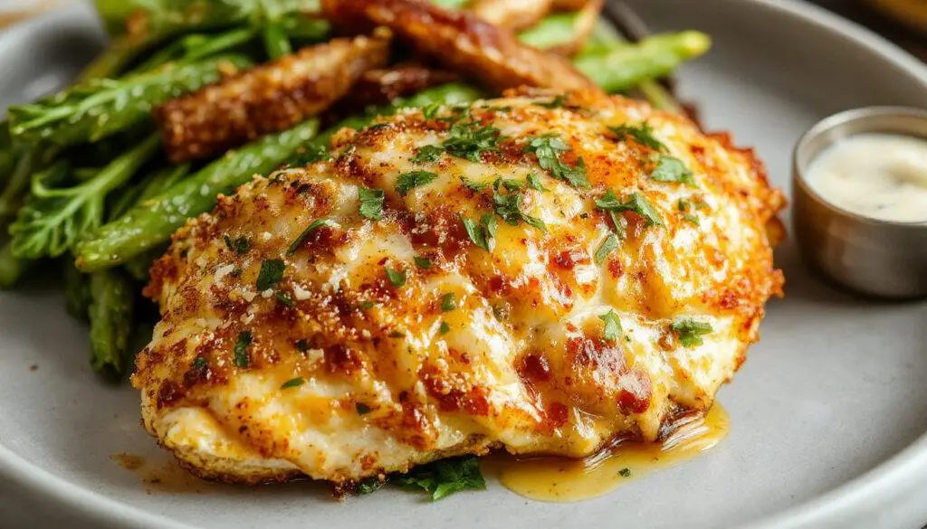 A golden-brown Parmesan Crusted Chicken breast garnished with fresh parsley, served on a white plate alongside lemon wedges and a side of steamed vegetables. The crust appears crispy with a textured surface, highlighting the cheese and seasoning crystals, while the interior looks moist and tender.