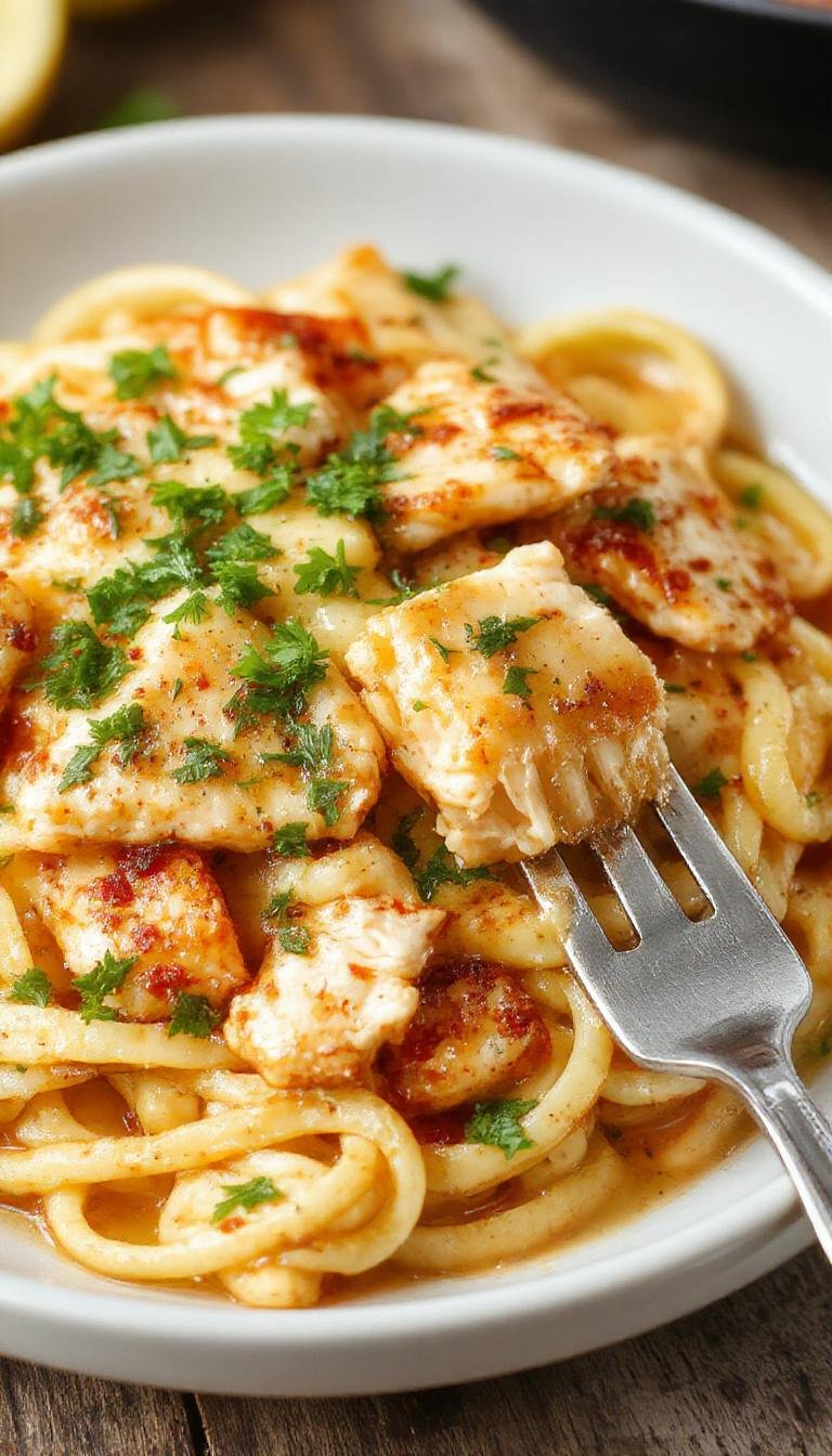 A vibrant plate of chicken linguine featuring tender sliced chicken breast atop al dente linguine, coated in a rich, golden cowboy butter sauce, garnished with chopped parsley and red pepper flakes, with a side of lemon wedges and fresh herbs on a rustic wooden table.