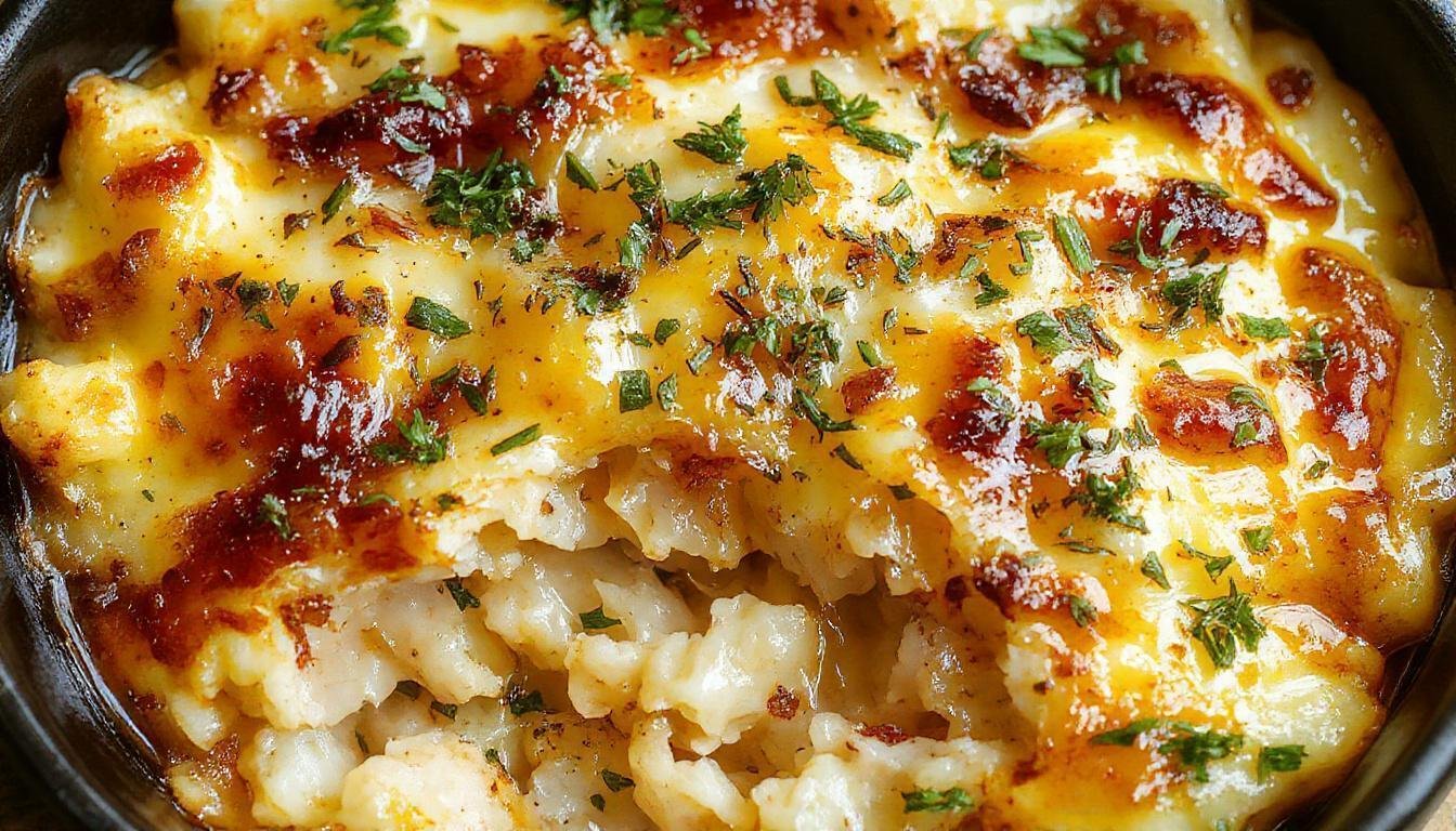 A golden-brown casserole dish filled with French Onion Rice Bake, topped with melted cheese and caramelized onion slices, garnished with fresh herbs, served on a rustic wooden table with a side of crusty bread.