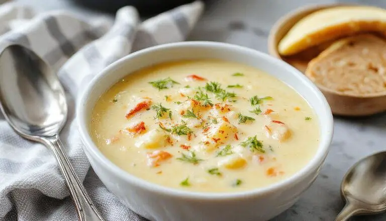 A warm bowl of creamy broccoli cheddar soup topped with shredded cheddar cheese and fresh chopped chives, served in a rustic white bowl with a golden spoon on a wooden table. The soup has a vibrant green and yellow appearance, with melted cheese and tender broccoli florets visible under a smooth, thick layer.