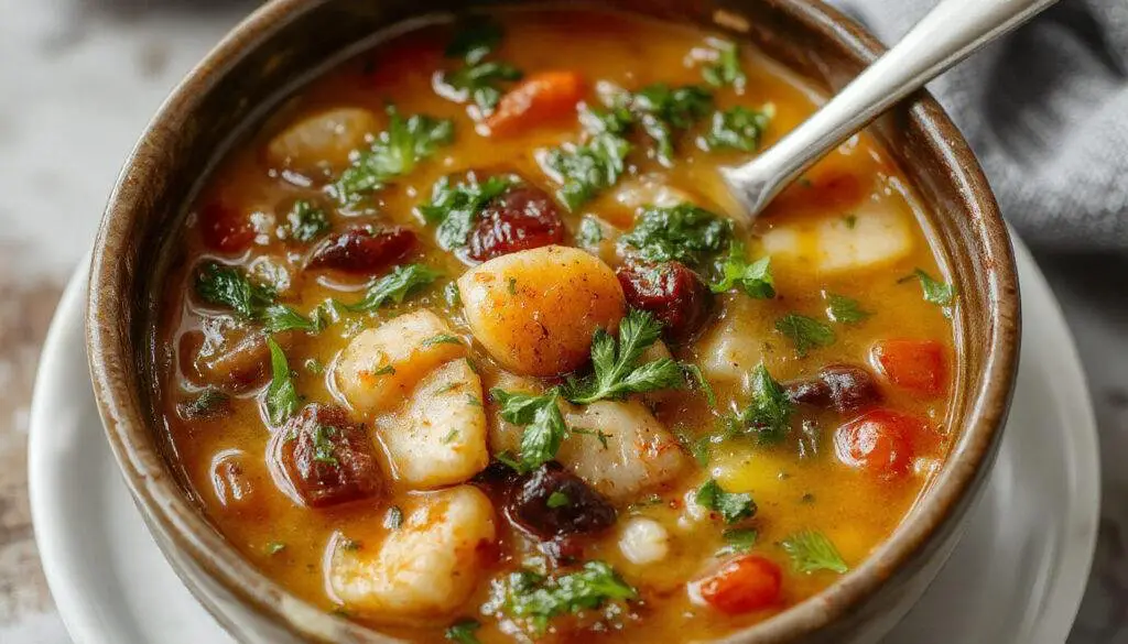 A steaming bowl of Italian wedding soup featuring tiny meatballs, leafy greens, pasta, and grated cheese, served in a rustic ceramic bowl with a sprig of parsley on top. The broth looks rich and flavorful, with vibrant green vegetables contrasting against the pale broth and pasta.