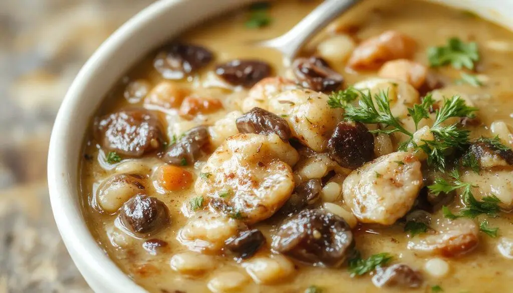 A bowl of thick, hearty vegan lentil mushroom stew garnished with chopped fresh herbs, served with crusty bread on a rustic wooden table. The stew has a rich, creamy consistency with visible chunks of lentils, sliced mushrooms, and vegetables, colored in warm earthy tones.