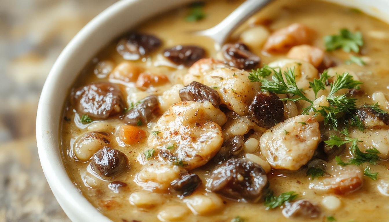 A bowl of thick, hearty vegan lentil mushroom stew garnished with chopped fresh herbs, served with crusty bread on a rustic wooden table. The stew has a rich, creamy consistency with visible chunks of lentils, sliced mushrooms, and vegetables, colored in warm earthy tones.