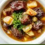 A steaming bowl of Cozy French Onion Beef Short Rib Soup garnished with melted cheese and fresh herbs, served with crusty bread on the side.