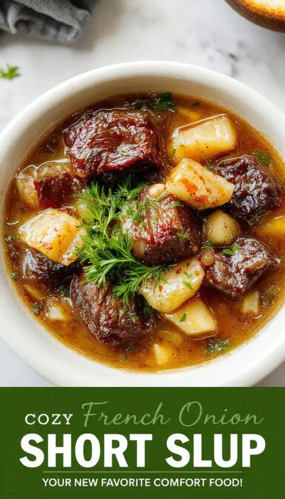 A steaming bowl of Cozy French Onion Beef Short Rib Soup garnished with melted cheese and fresh herbs, served with crusty bread on the side.