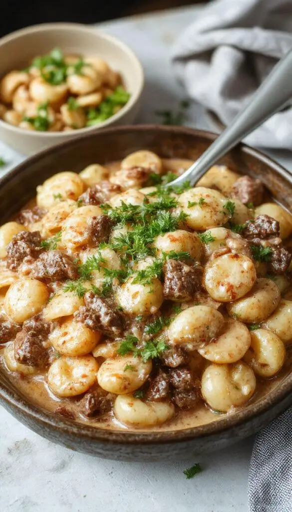 A close-up of creamy beef and shell pasta served in a rustic white bowl. The dish features tender beef chunks coated in a rich, creamy sauce dotted with al dente pasta shells. Garnished with finely chopped parsley for a splash of color, the sauce has a glossy texture highlighting the hearty and indulgent nature of the dish.