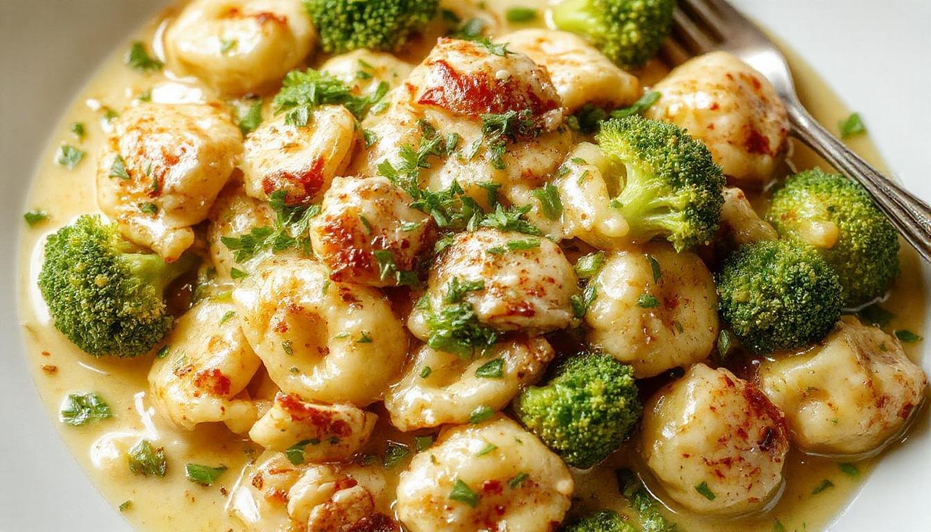 A vibrant plate of creamy, cheesy chicken and broccoli tortellini arranged elegantly on a white dish. The tortellini is golden with melted cheese visible, topped with chopped green broccoli florets and a sprinkle of grated Parmesan. The dish has a rich, glossy sauce coating the pasta, with a garnish of fresh herbs. The background features a rustic wooden table with a fork and a small bowl of extra sauce.