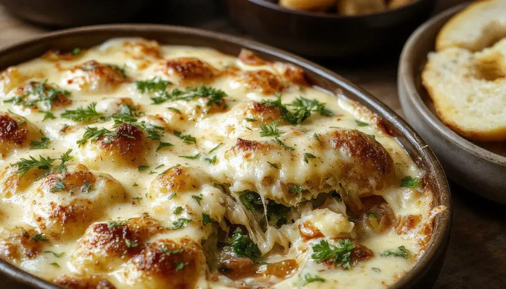 A close-up of a golden-brown casserole topped with melted cheese and fresh herbs, showcasing a creamy interior with visible chunks of vegetables and cottage cheese, served in a rustic ceramic dish.