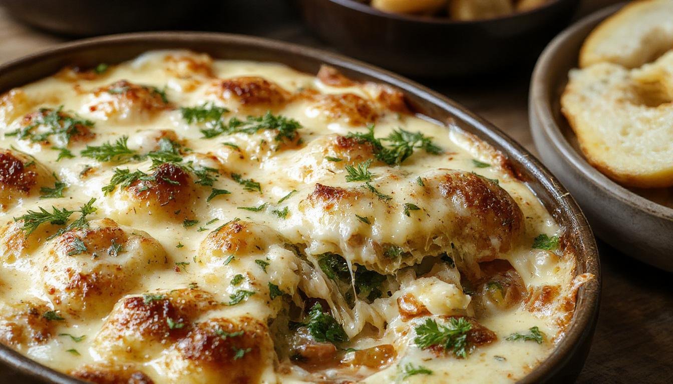 A close-up of a golden-brown casserole topped with melted cheese and fresh herbs, showcasing a creamy interior with visible chunks of vegetables and cottage cheese, served in a rustic ceramic dish.