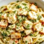 A bowl of creamy chicken pesto pasta garnished with fresh basil and grated cheese, served on a rustic wooden table.