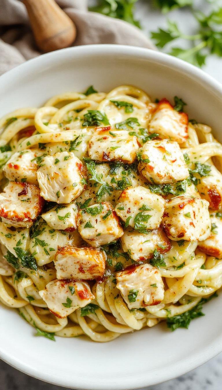A bowl of creamy chicken pesto pasta garnished with fresh basil and grated cheese, served on a rustic wooden table.