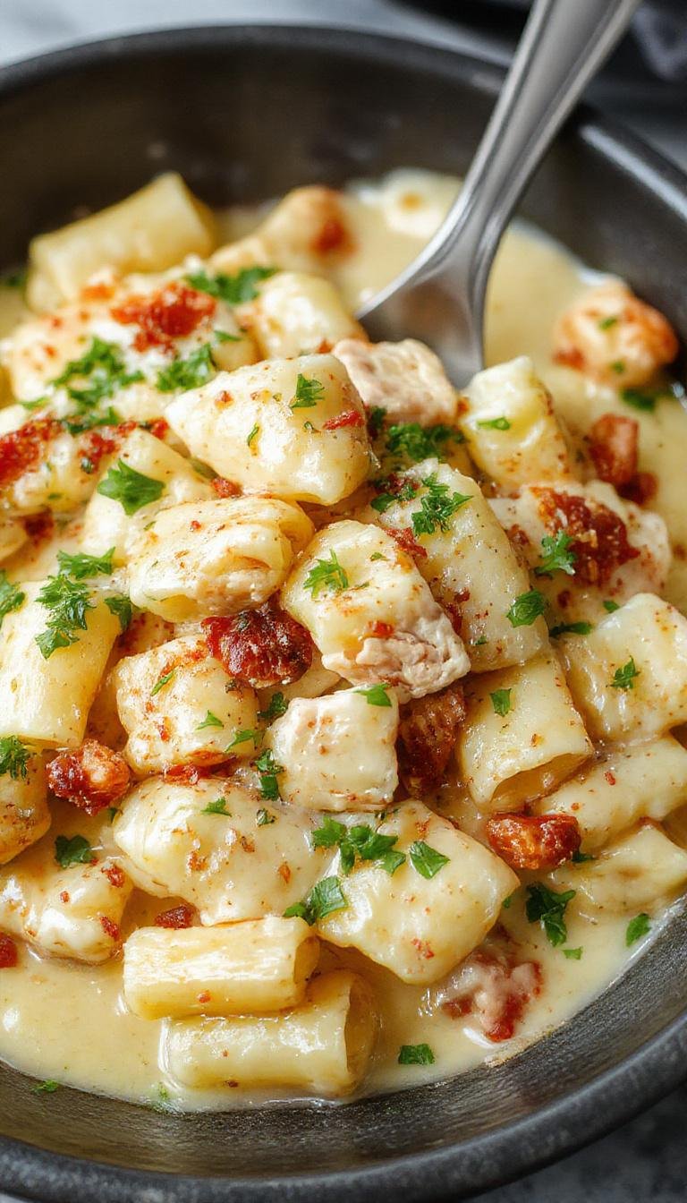 A bowl of creamy chicken pot pie pasta garnished with fresh herbs, featuring tender pasta mixed with chunks of chicken, vegetables, and a golden crust-like topping, served on a rustic wooden table.