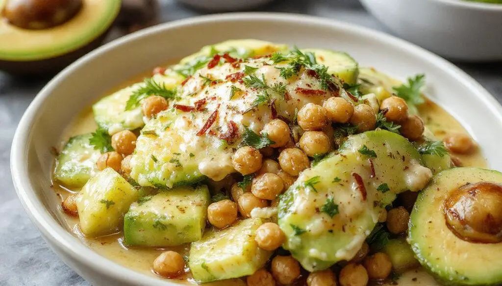 A vibrant bowl of Creamy Cilantro Lime Cucumber Salad featuring crisp cucumber slices, creamy avocado chunks, and plump chickpeas, garnished with fresh cilantro and lime wedges, all coated in a light green dressing.