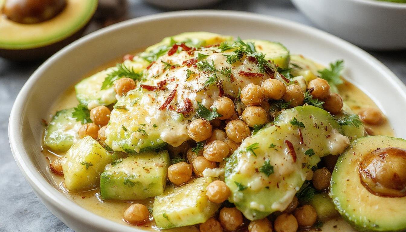 A vibrant bowl of Creamy Cilantro Lime Cucumber Salad featuring crisp cucumber slices, creamy avocado chunks, and plump chickpeas, garnished with fresh cilantro and lime wedges, all coated in a light green dressing.
