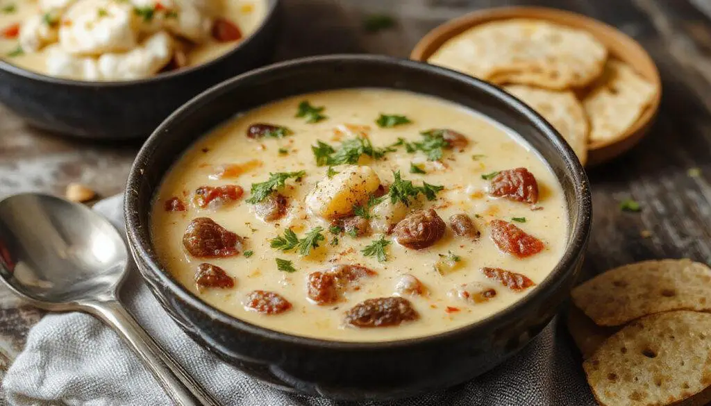A bowl of creamy cheesy ground beef taco soup garnished with fresh cilantro and shredded cheese. The soup has a rich, thick texture with visible ground beef, diced tomatoes, beans, and melted cheese on top, presented on a rustic wooden table with a spoon beside it.