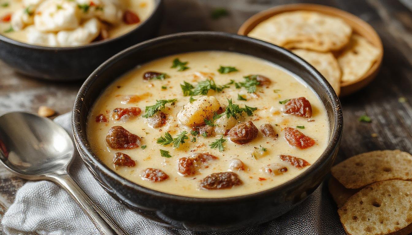 A bowl of creamy cheesy ground beef taco soup garnished with fresh cilantro and shredded cheese. The soup has a rich, thick texture with visible ground beef, diced tomatoes, beans, and melted cheese on top, presented on a rustic wooden table with a spoon beside it.