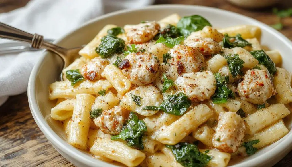 A bowl of creamy chicken spinach penne pasta showcasing spiral pasta coated in a rich, creamy sauce with tender chicken pieces and vibrant green spinach leaves. The dish is garnished with grated cheese and chopped herbs, presented in a white ceramic bowl on a rustic wooden surface, with a sprinkle of black pepper giving it an inviting and hearty appearance.