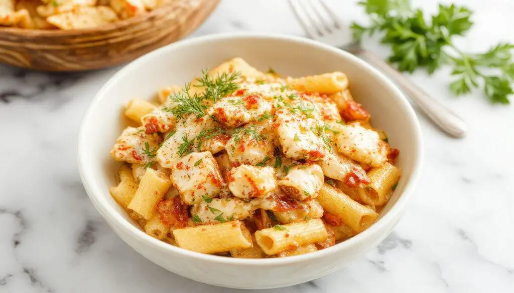 A close-up of a creamy chicken penne pasta dish served in a white bowl, featuring spiral penne coated in a rich, velvety white sauce, topped with shredded chicken and chopped herbs, with a fork resting on the side.