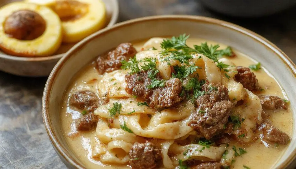 A bowl of creamy beef noodles featuring tender beef slices atop a bed of glossy, thick noodles coated in a rich, light-colored sauce. Garnished with chopped green onions and a sprinkle of black pepper, the dish is styled on a rustic wooden plate with a drizzle of cream around the edges, highlighting the velvety texture and hearty appeal.