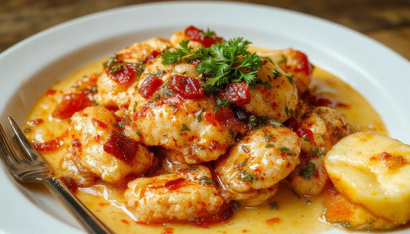 A rich, velvety Hungarian Chicken Paprikash served in a rustic bowl, topped with a dollop of sour cream and sprinkled with fresh paprika and herbs. The chicken pieces are tender and coated in a vibrant orange-red sauce with visible paprika spices, accompanied by boiled egg noodles on a wooden table.