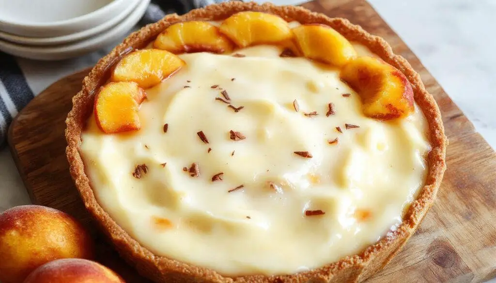 A slice of peaches and cream pie featuring golden-brown crust topped with a generous layer of smooth, creamy peach filling and garnished with fresh peach slices and a sprig of mint on a rustic plate.