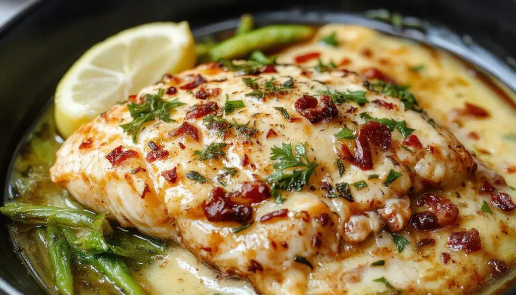 A beautifully plated Tuscan salmon fillet with a golden-brown crust, topped with wilted spinach, cherry tomatoes, and a creamy sauce, served alongside a bed of tender pasta. The dish is garnished with fresh herbs, presenting a vibrant mix of green, red, and golden hues in a stylish white plate on a rustic wooden table.