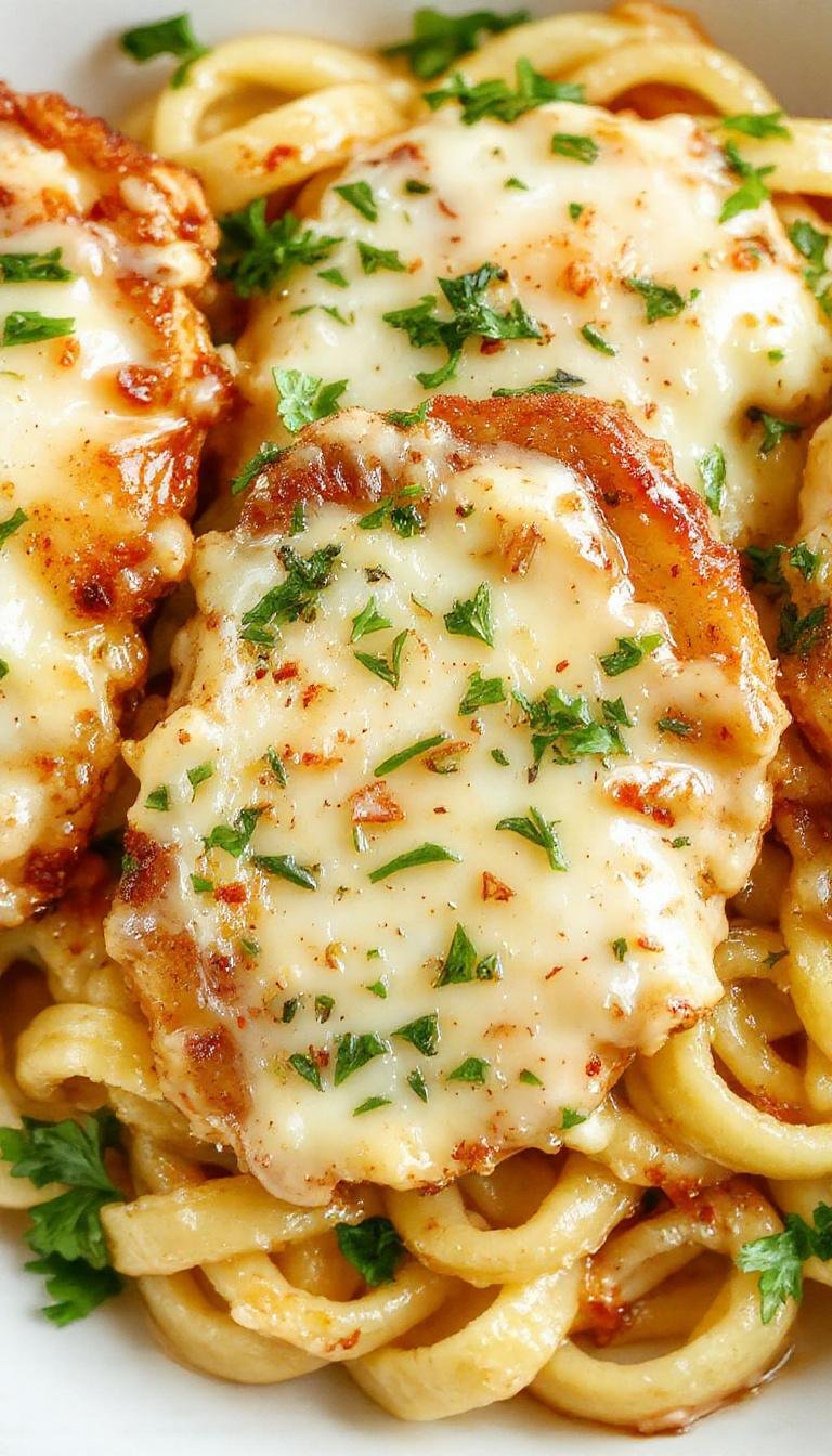 A plate of creamy garlic parmesan chicken served alongside twisted pasta, garnished with parsley and grated cheese, siting on a rustic wooden table.