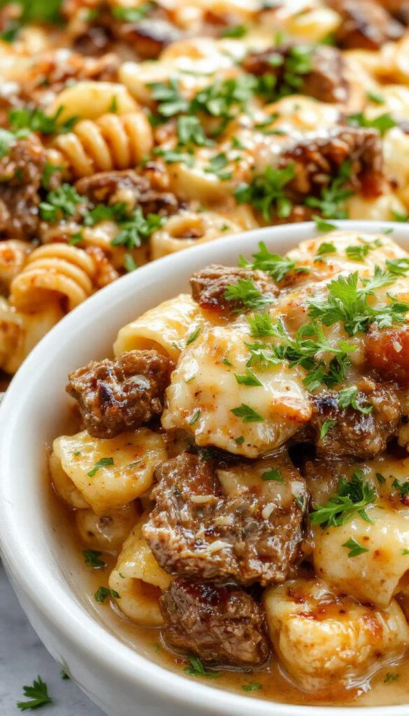 A close-up of a golden-brown baked pasta dish topped with shredded cheese and drizzled with a glossy honey Buffalo sauce, garnished with chopped herbs on a rustic plate.