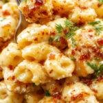 A plate of Creamy Honey Pepper Chicken Mac & Cheese featuring cheesy pasta topped with crispy chicken pieces and a drizzle of honey, garnished with pepper and herbs.