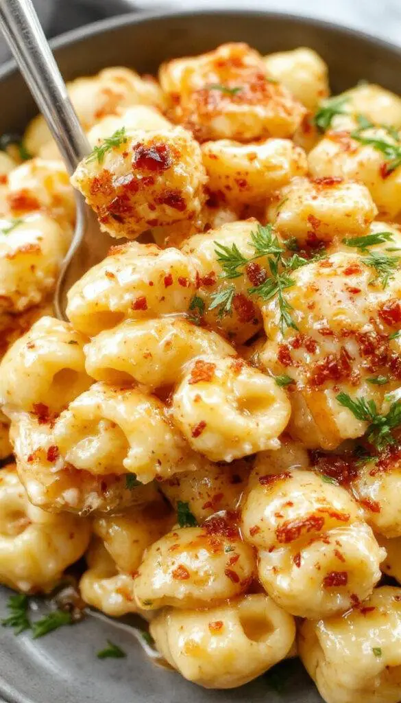 A plate of Creamy Honey Pepper Chicken Mac & Cheese featuring cheesy pasta topped with crispy chicken pieces and a drizzle of honey, garnished with pepper and herbs.
