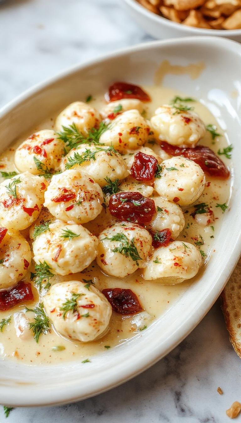 A close-up of a white ceramic plate featuring golden-brown gnocchi topped with a vibrant red sun-dried tomato sauce, garnished with fresh basil leaves, and drizzled with a creamy white sauce. The gnocchi appear soft and pillowy, with a crispy exterior, contrasted by the rich, colorful toppings and a rustic, inviting presentation.