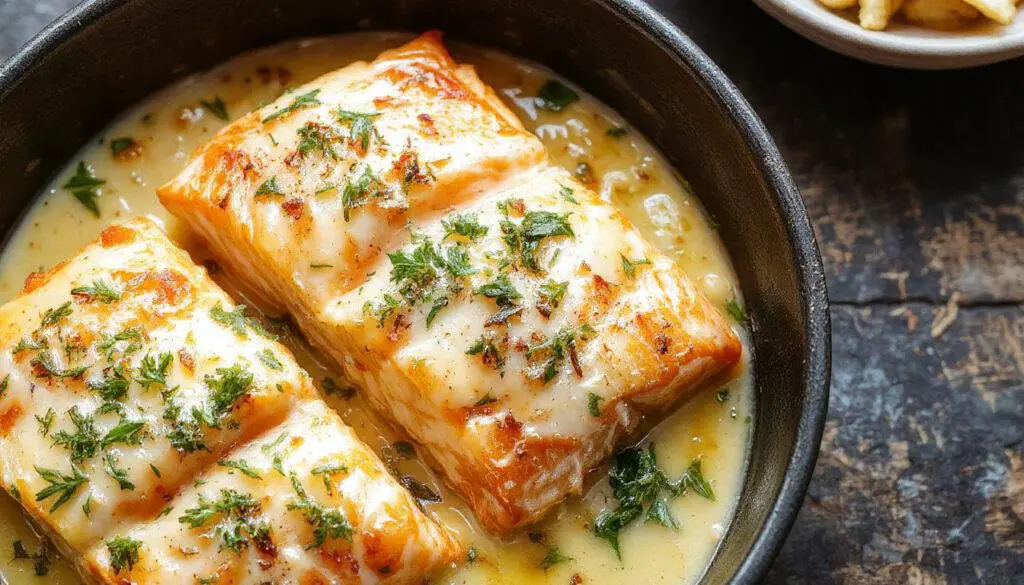 A beautifully plated baked salmon fillet topped with a generous layer of creamy Boursin cheese, garnished with fresh herbs. The salmon has a golden-brown crust on top, with the creamy cheese melting slightly over the flaky pink fish. The dish is presented on an elegant white plate, with a side of vibrant green vegetables and a lemon wedge, highlighting the rich and luscious textures of the meal.