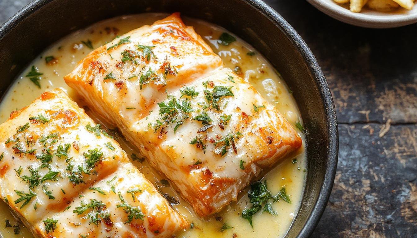 A beautifully plated baked salmon fillet topped with a generous layer of creamy Boursin cheese, garnished with fresh herbs. The salmon has a golden-brown crust on top, with the creamy cheese melting slightly over the flaky pink fish. The dish is presented on an elegant white plate, with a side of vibrant green vegetables and a lemon wedge, highlighting the rich and luscious textures of the meal.