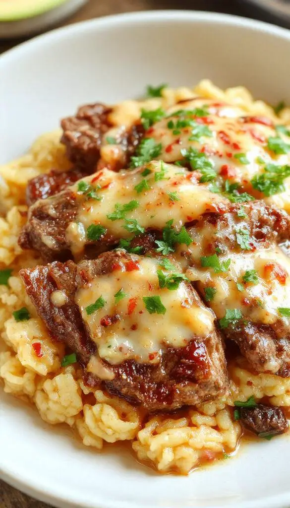 A vibrant plate featuring golden-brown juicy steak strips nestled atop a bed of creamy white queso rice, garnished with fresh herbs and served on a rustic ceramic plate with a glossy finish. The rice appears fluffy and coated with a cheesy sauce, while the steak strips are tender and glistening, creating an inviting and hearty presentation.