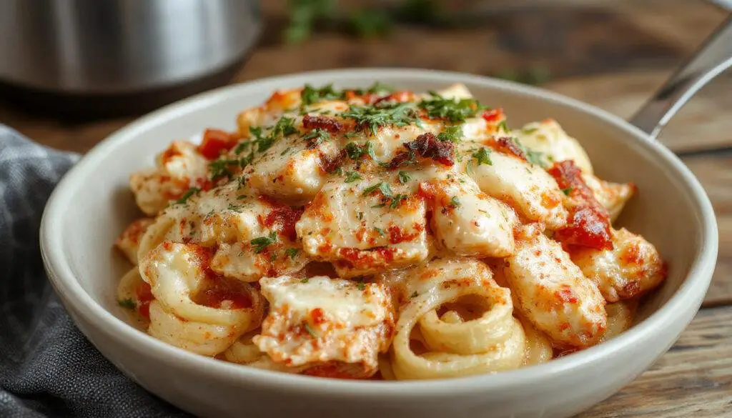 A close-up of a creamy ricotta chicken pasta dish served in a white bowl. The pasta is coated in a smooth, white ricotta sauce, garnished with fresh herbs and grated cheese. In the background, tender pieces of chicken and vibrant cherry tomatoes add color and texture to the dish, all presented on a rustic wooden table.