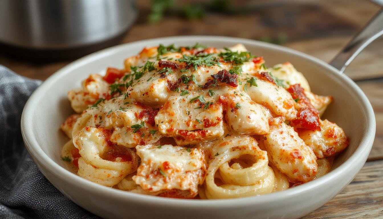 A close-up of a creamy ricotta chicken pasta dish served in a white bowl. The pasta is coated in a smooth, white ricotta sauce, garnished with fresh herbs and grated cheese. In the background, tender pieces of chicken and vibrant cherry tomatoes add color and texture to the dish, all presented on a rustic wooden table.