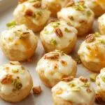 Close-up of Creamy Ricotta Pistachio Honey Bites arranged on a delicate white plate, showcasing their creamy texture and colorful pistachio topping.