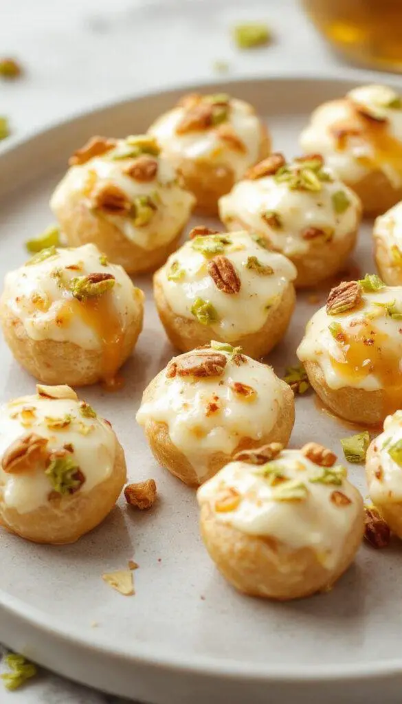 Close-up of Creamy Ricotta Pistachio Honey Bites arranged on a delicate white plate, showcasing their creamy texture and colorful pistachio topping.