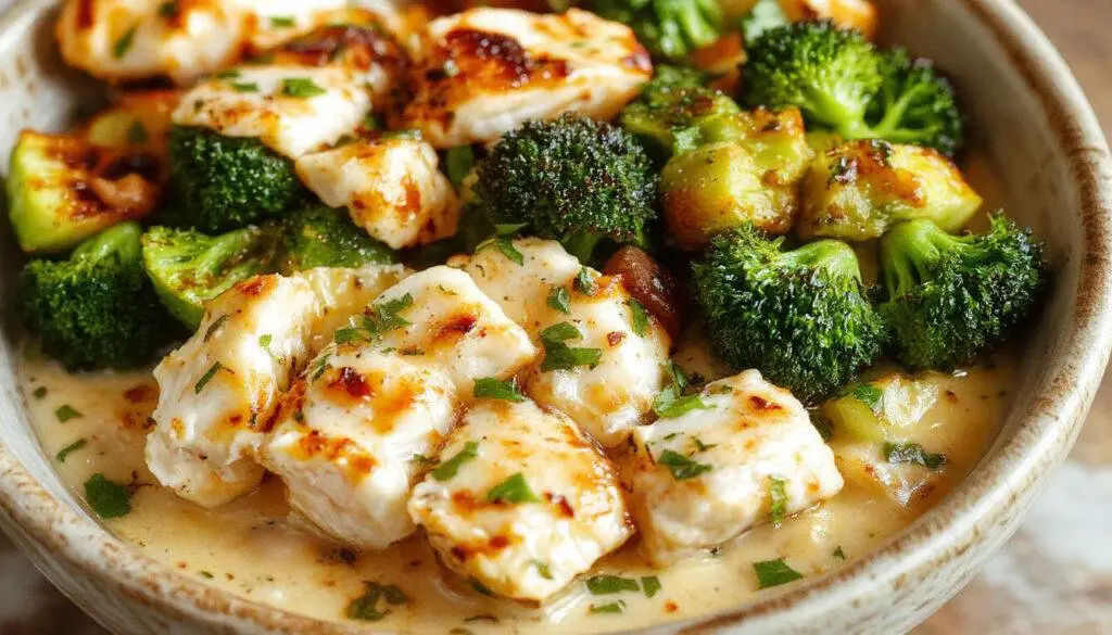 A vibrant bowl showcasing golden grilled chicken pieces atop steamed green broccoli florets, all nestled in a creamy sauce, garnished with chopped herbs and served on a rustic wooden surface.