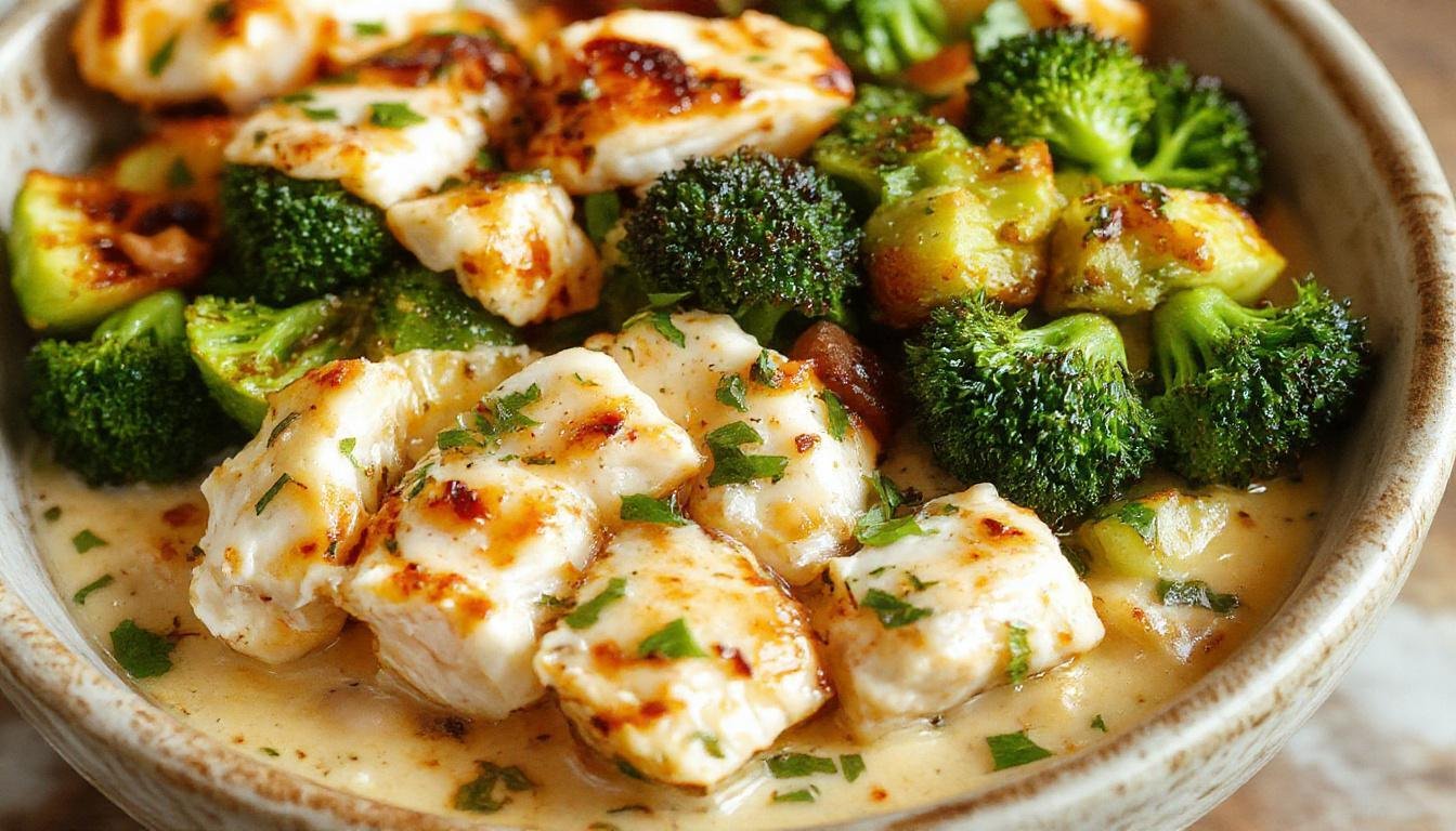 A vibrant bowl showcasing golden grilled chicken pieces atop steamed green broccoli florets, all nestled in a creamy sauce, garnished with chopped herbs and served on a rustic wooden surface.