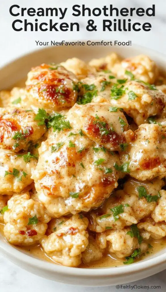 A plate of creamy smothered chicken served over fluffy rice, garnished with herbs and a rich gravy coating the tender chicken pieces.